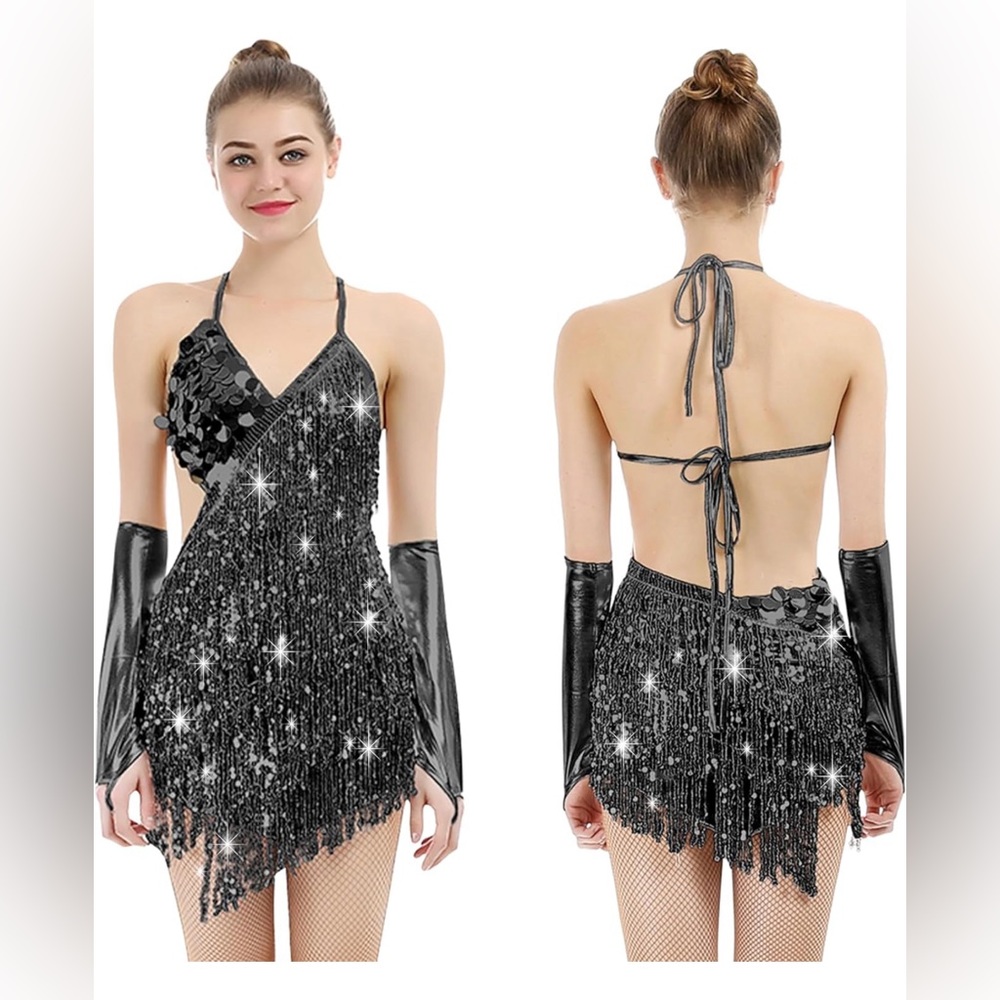 iMucci Fringe Tassel Sequin Dance Mini Dress V-Neck Black Sequin Size Small/Med